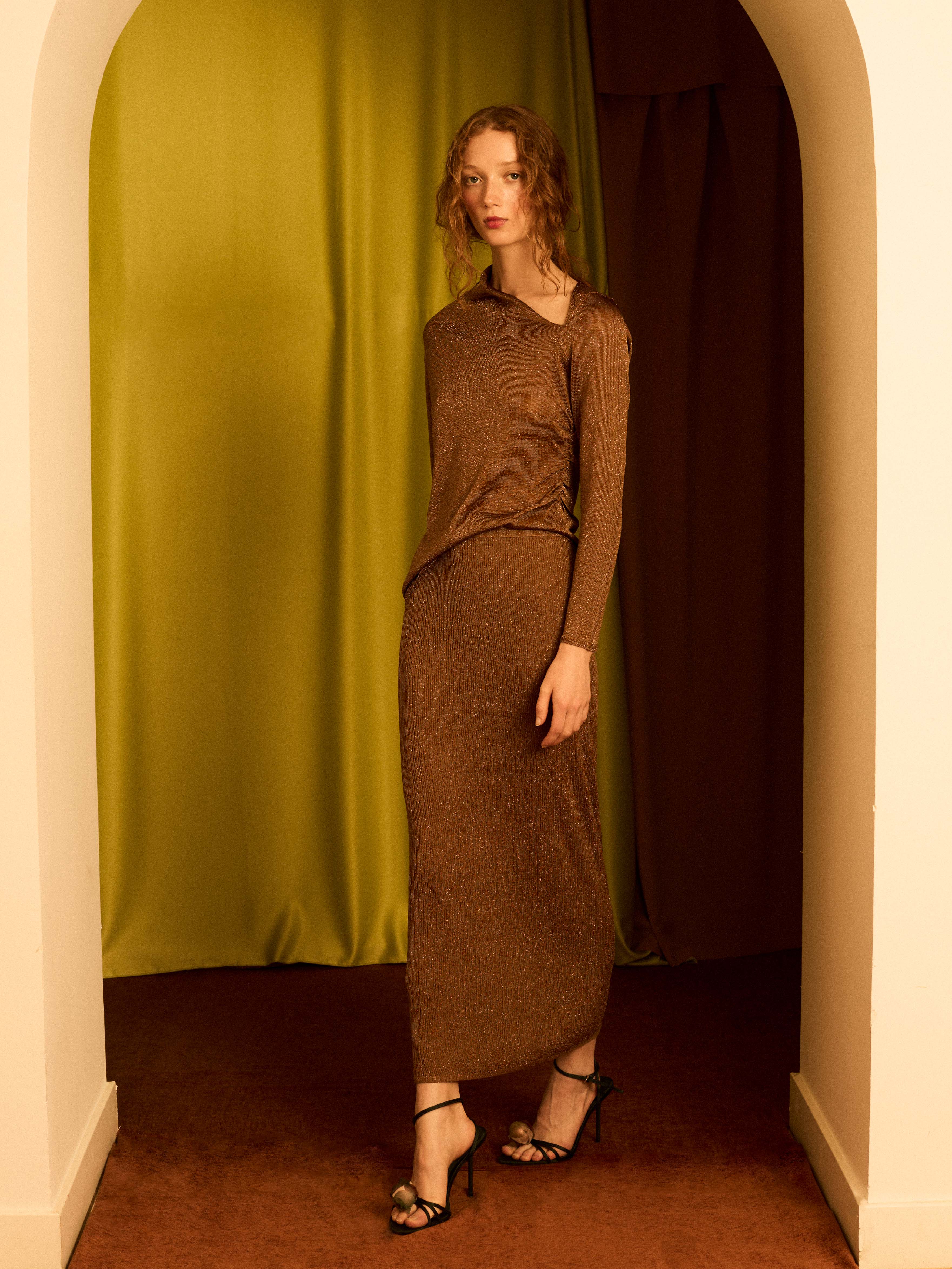 Falda de lurex con canalé cobre