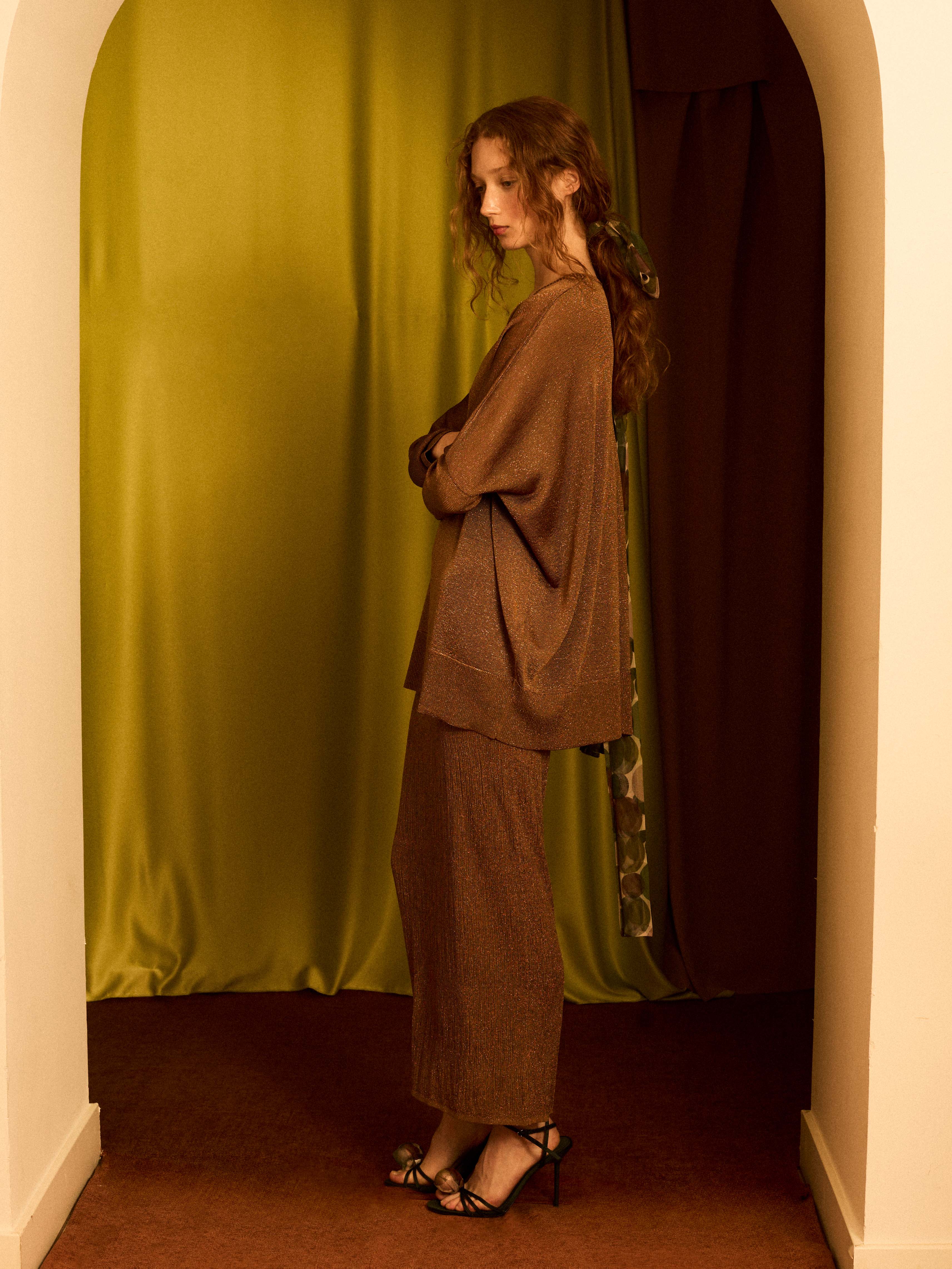 Falda de lurex con canalé cobre