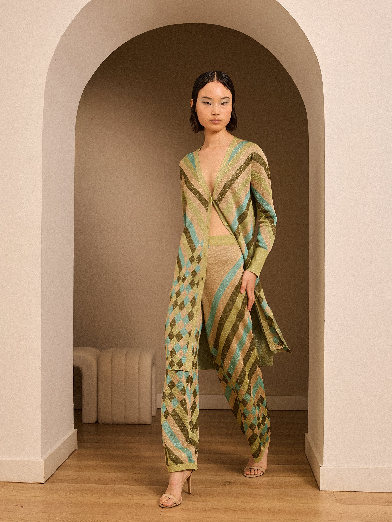 Pantalón de lurex de intarsia verde